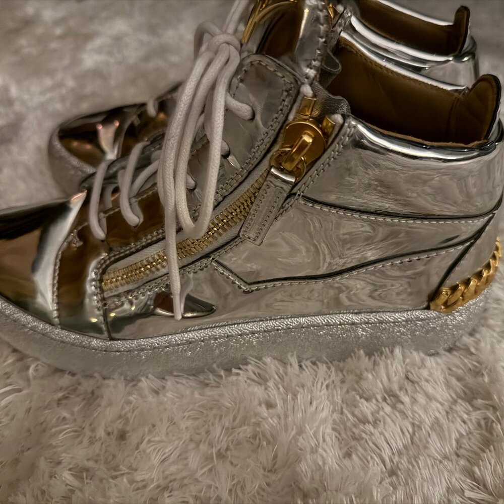 Giuseppe Zanotti Silver Metallic Mirror High Tops with Gold Accents
